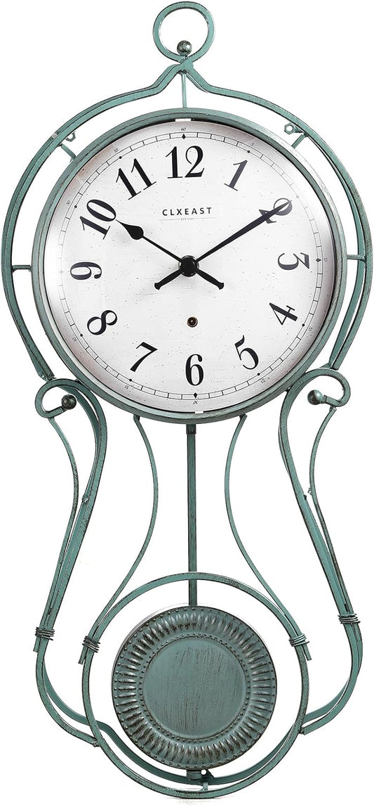 CLXEAST 20 Inch Metal Pendulum Wall Clock Battery Operated,Large Schoolhouse Wall Clocks for Living Room Decor,Antique Aged Teal Green Finish,House Warming Gifts New Home