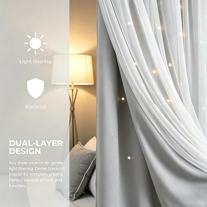 Blackout Curtains for Girl Bedroom/Living Room/Classroom, Sheer Overlay Small 2 Panel Set, Double Layer Curtains with Star Cutout for Kids Room(W 52 x L 45 Inches,Silver Grey 2 Pcs)