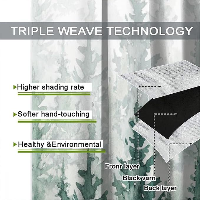 Green Forest Curtains, Watercolour Nature Misty Simple Pine Tree Tree Forest Plant Blackout Windows Treatments, Thermal Insulated Drapes for Kids Boys Girls Living Room Bedroom 63x63in