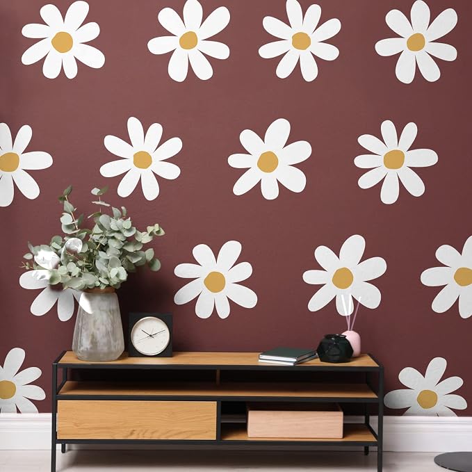 TaoBary 12 Sheet Daisy Wall Sticker Decal Removable Cute Daisy Bedroom Room Decor Flower Wall Sticker Pink White Flower Decal Wallpaper Peel and Stick for Nursery Home(White, Yellow,Vintage Style)