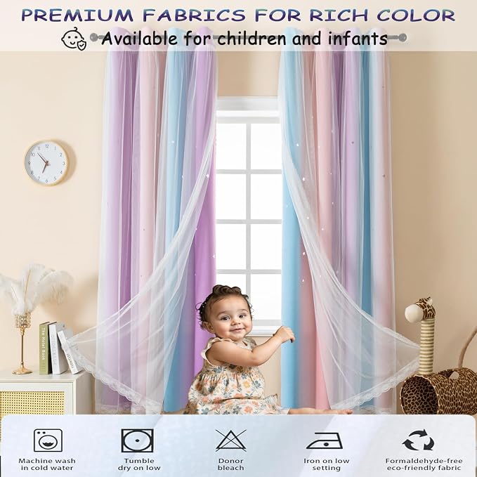 Cute Star Blackout Curtains for Girls Bedroom, Princess Curtains, W40X L63 | 2 Panels Pink Purple Thick Grommet Top Star Cutout Curtains, Double Layer Nursery Kids Curtains, Aesthetic Living Room Decor