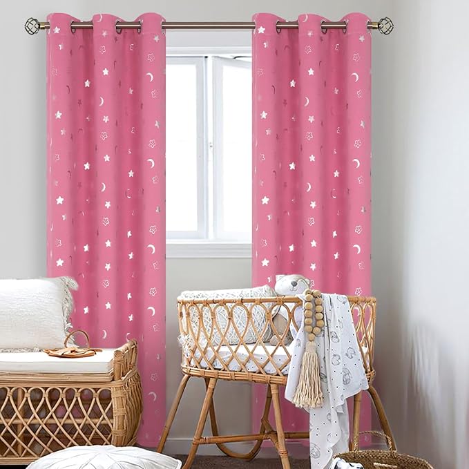 BGment Kids Curtains for Bedroom 84 Inch Length 2 Panels Set, Star and Moon Blackout Curtains for Boys Room Decor, Nursery Thermal Insulated Room Darkening Curtains with Grommet, 38 Wide, Pink