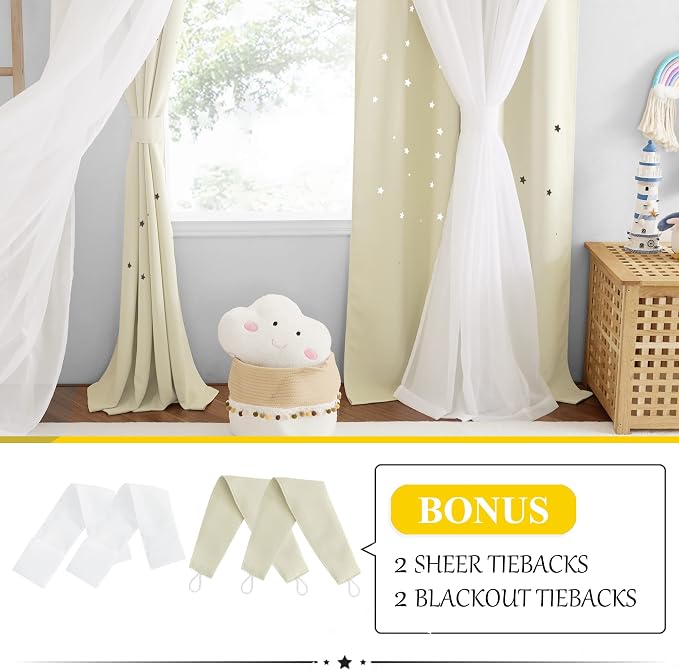 NICETOWN Baby Star Blackout Curtains with Sheer 84 Inches Long, Thermal Insulated Double Layer Room Darkening Curtains for Bedroom, Living Room, Nursery, 2 Panels, 52W x 84L, Light Beige