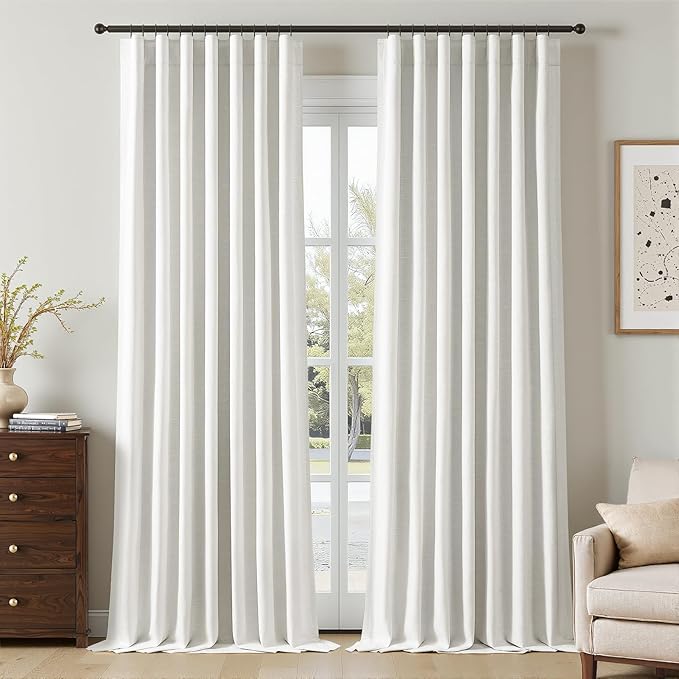 Topfinel 108 Inch Extra Long 100% Blackout Linen Curtains with Rod Pocket & Back Tab, Beige White Floor to Ceiling Drapes for Villa Bedroom Livingroom Boho Elevated Decor Beige White 52" W*108" L