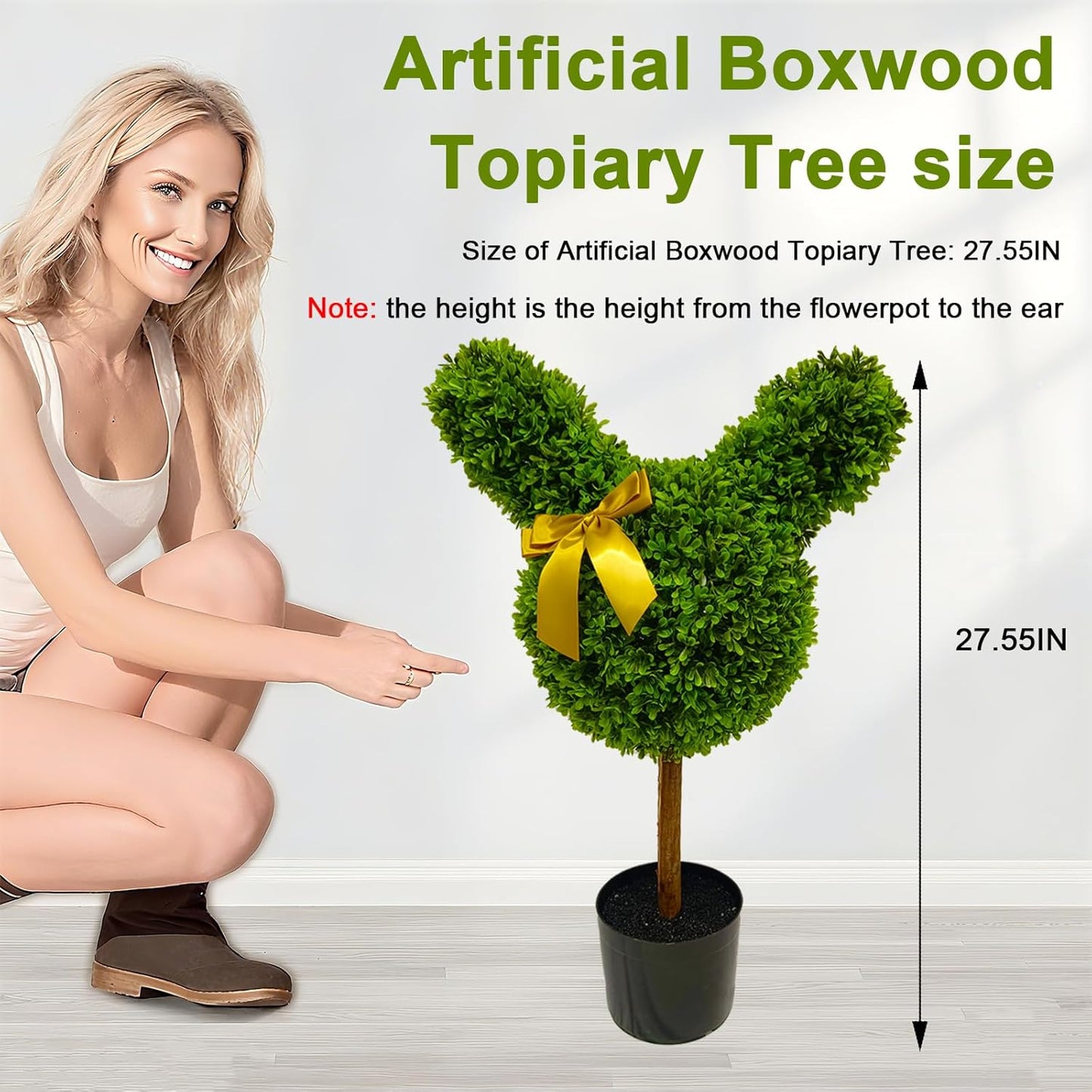 2 Pcs Artificial Bunny Shaped Topiary Trees, Artificial Green Boxwood Bunny Decorations with Gold Bow, Perfect for Indoor & Outdoor Front Porch, Easter& Garden Decor (Bunny Shaped Topiary Tree)
