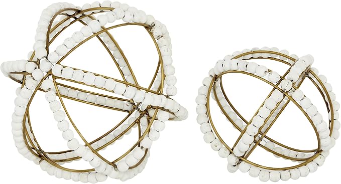 Deco 79 Metal Geometric Handmade Decorative Sculpture Beaded Home Decor Statues, Set of 2 Accent Figurines 7", 5"H, White