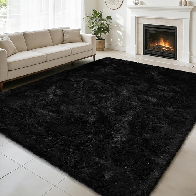 9x12 Fluffy Area Rugs for Living Room,Large Fuzzy Shag Area Rug for Bedroom,Black Soft Non-Shedding Indoor Plush Carpet for Kids Bedroom Nursery Home Decor