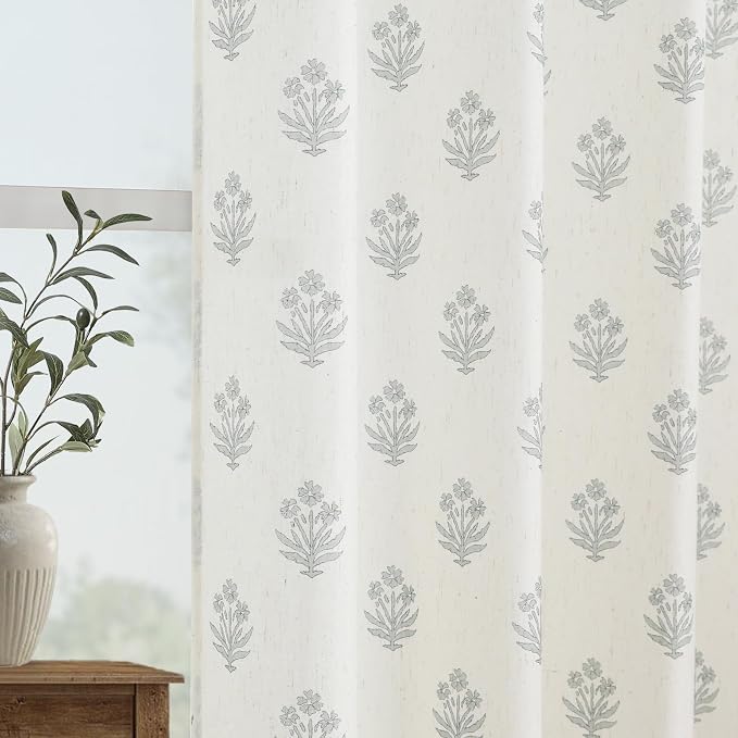 Muted Light Dusty Blue Grey Floral Curtains for Bedroom Living Room, Coastal Soft Botanical Pattern Linen Sheer Floor to Ceiling Curtains, 96 Inch Long 2 Panel Set