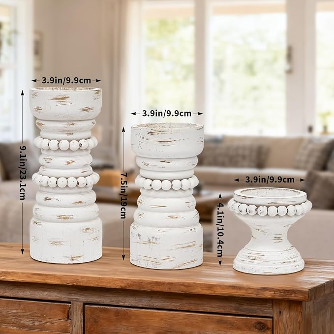 Rustic White Wood Candle Holders Set of 3, Farmhouse Beaded Wood Pillar Candle Holder, Candle Holders for Pillar Candles & Candlesticks, Candle Sticks Holder Decor for Table Centerpiece
