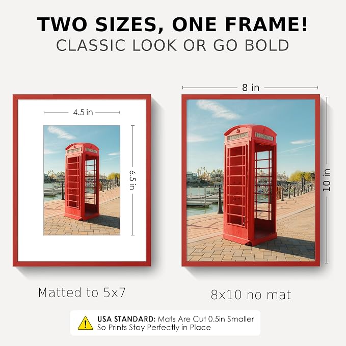 FLYJOE 8x10 Picture Frame for 5x7 Photo, Minimalist Aluminum Frame, Red | Sleek Metal Wall Frame for Gallery, Desk, or Gift Giving | Shatterproof Glass & Wall Kit