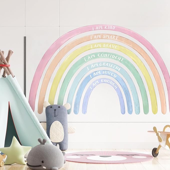 Tinideya 77" x 47'' Large Watercolor Rainbow Wall Decal with Inspirational Quote, Peel and Stick Rainbow Stickers Watercolor Vinyl Wall Mural Art for Girls Toddlers Playroom Bedroom Classroom(Pastel)