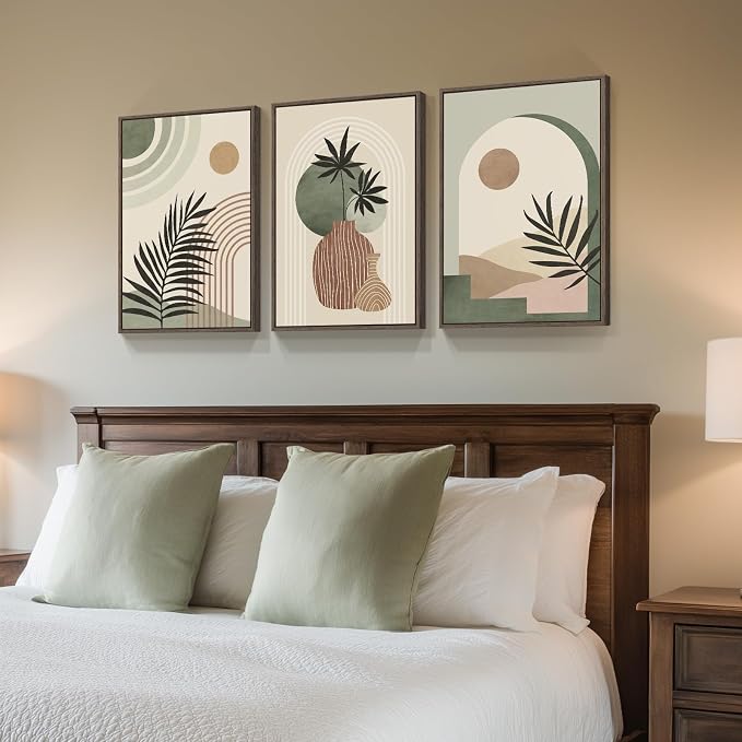 Framed Sage Green Boho Wall Art Bedroom, 3 Piece Neutral Bohemian Botanical Paintings Prints Canvas Artwork for Walls, Large Mid Century Modern Pictures for Living Room Kitchen Wall Decor, 16x24 Inch