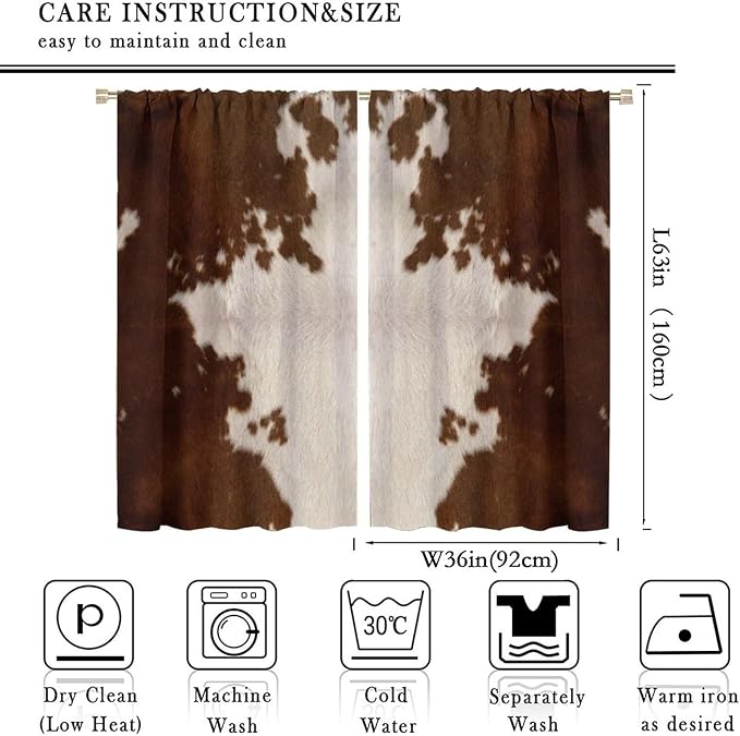 Cow Print Blackout Curtain, Animal Fur Brown Cowhide Western Farm Style Window Treatments Rod Pocket Curtain for Bedroom Living Room Kitchen Decor Drapes 72x63in