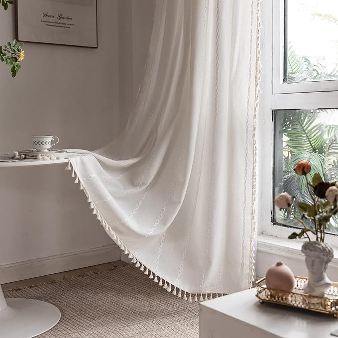 Boho Linen Curtains Off White - 96" Long, 2 Panels for Living Room, Bedroom - Embroidery Country Farmhouse Style - Light Filtering - Rod Pocket Drapes 52" W x 96" L