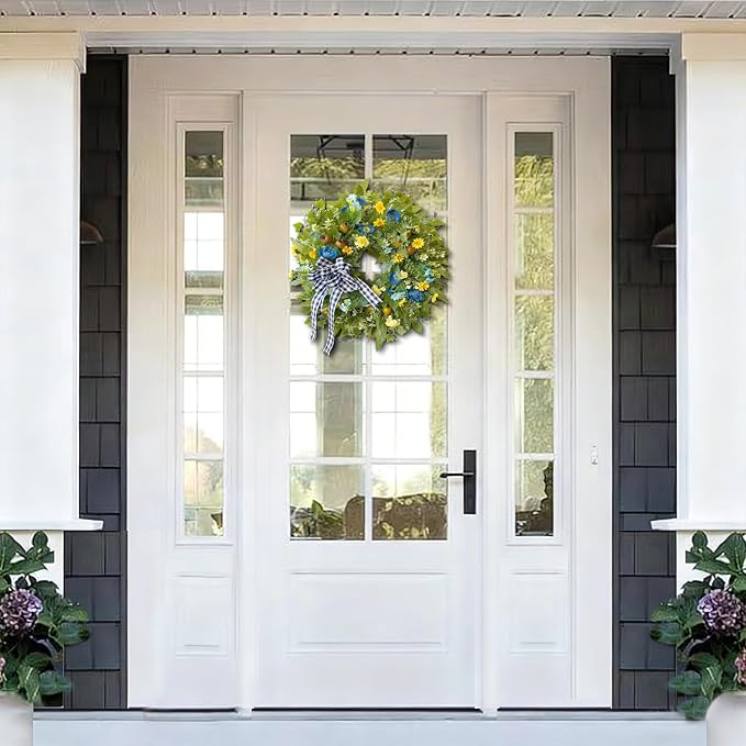 WANNA-CUL 24 Inch Blue Yellow Summer Wreath for Front Door All Season Decor | Blue Yellow Floral Wreath with Pomegranates and Daisies, 24-inch, Indoor Outdoor Farmhouse Decor for Spring Summer Fall