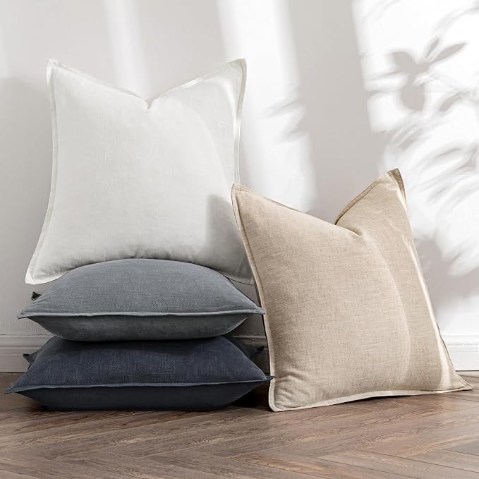 MIULEE Neutral Cream/Gray Boho Linen Pillow Covers 18x18 Inch Pack of 4 | Natural Decorative Throw Pillow Covers Soft Farmhouse Couch Pillowcases Modern Home Decors for Living Room Bed Sofa