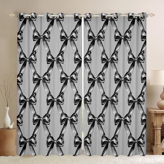 Erosebridal Kids Bow Window Curtain Bowknot 42" Wx63 L Curtain for Boys Girls Teen,Grey Black Bow Tie Window Treatments Ribbon Geometric Bowknot 30%-50% Blackout Curtains for Bedroom