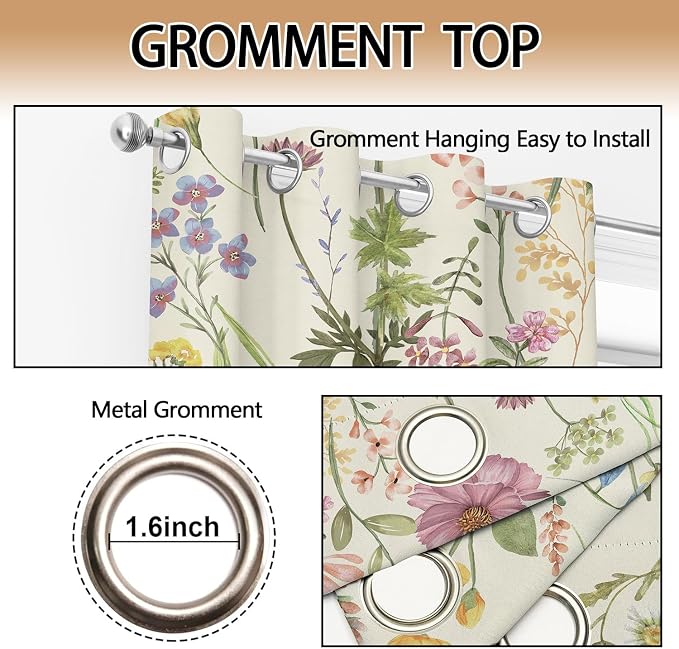 Floral Blackout Curtain, Colorful Wildflower Vintage Botanical Aesthetic Window Curtains Living Room Bedroom Decor Darkening Window Drapes Treatments, 2 Panels 52x84 Inch