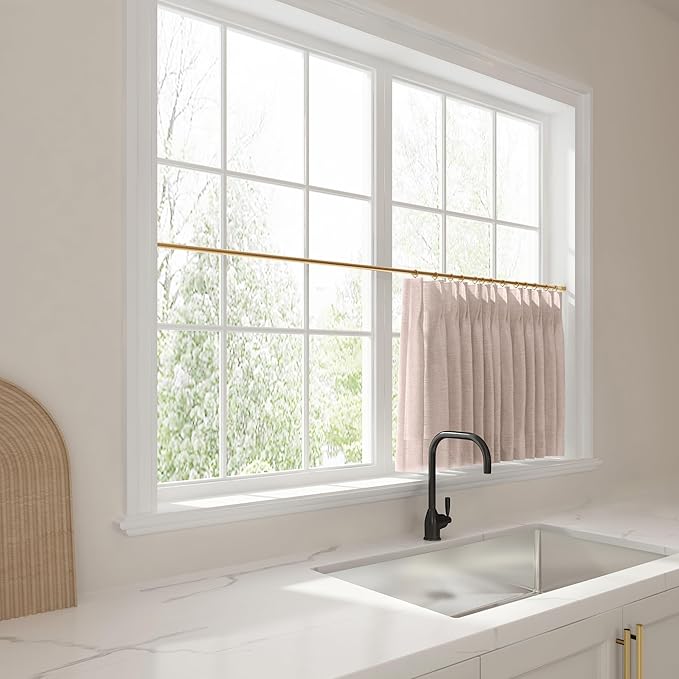TWOPAGES 26" W x 30" L Linen Blend Cafe Curtains for Kitchen Window, Light Filtering Pinch Pleated Tier Curtains, Modern Farmhouse Half Window Curtains for Small Window, Pink Lemonade, 2 Panels