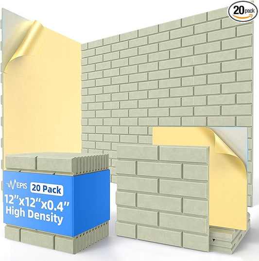 20 Pack Acoustic Panels with Self Adhesive, 12" X 12" X 0.4" High Density Sound Proof Foam Panels for Walls, Soundproof Wall Panels, Brick Sound Absorbing Panels for Home Studio Office Decor - Sage