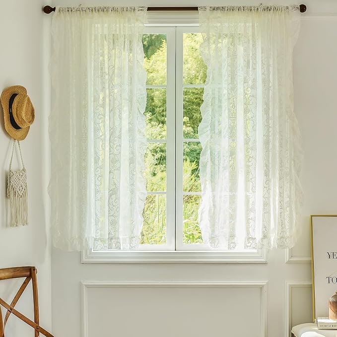 TUDECO Short Lace Curtains 63 Inch Length - Cottagecore Embroidered Sheer Ruffle Floral Drapes for Bedroom Nersury Vintage Rod Pocket Cream Lace Curtains 2 Panels, 59 x 63 Inch, Ivory