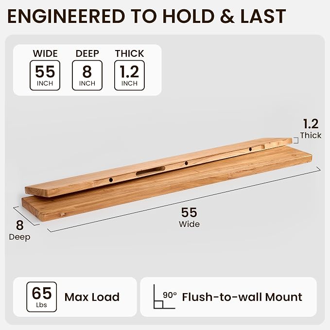 Fun Memories 55 Inch Floating Shelf, 8 Inch Deep Rounded Edge Extra Long Solid Elm Wood Shelf with Hidden Bracket, Floating Wall Shelf for Living Room & Fireplace