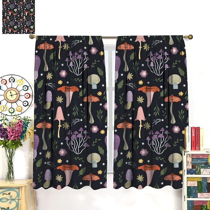 Mushroom Curtains,Colorful Plant Forest Botanical Print Window Treatments for Bedroom Living Room Kitchen Cartoon Herbs Floral Window Drapes 2 Panels Set,Total Size 42 x 54 Inch
