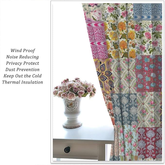 Boho Patchwork Blackout Curtains Farmhouse Patchwork Quilted Country Check Plaid Print Window Drapes for Bedroom Living Room Kitchen Cafe （W21xL63 Inch） x2 Panels