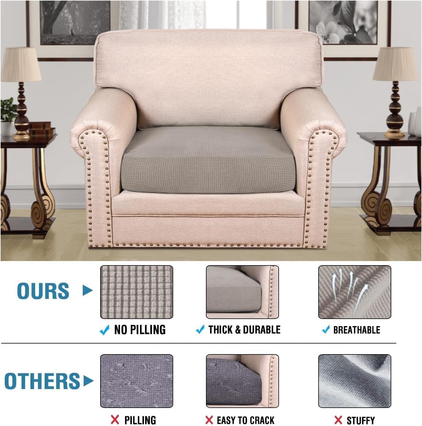 H.VERSAILTEX Super Stretch Individual Seat Cushion Covers Sofa Covers Couch Cushion Covers Slipcover Sets Thick Jacquard Textured Twill Fabric (1 Piece Chair Cushion Cover, Taupe)