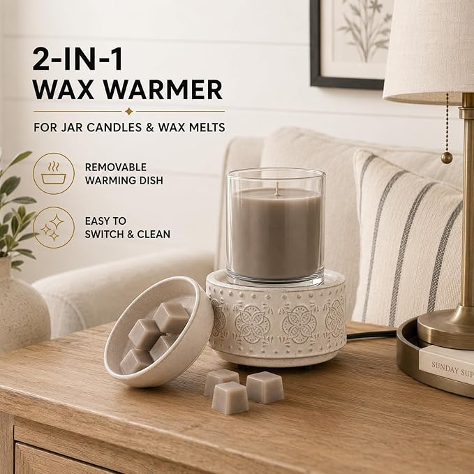 mocosa Ceramic Wax Melt Warmer, 3-in-1 Electric Wax Warmer for Scented Wax Melts, Flameless Candle Wax Burner for Home Fragrance, Bedroom Bathroom Office Decor, Gifts for Women Mom(Beige-Granular)