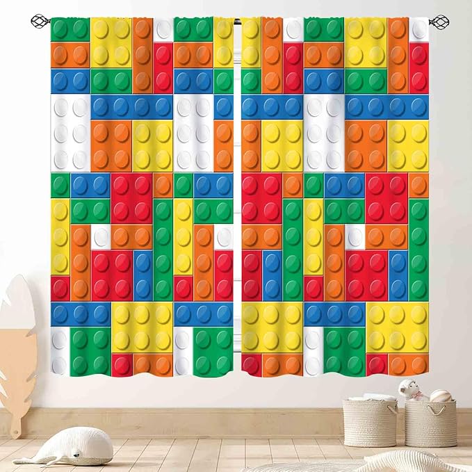 Boys Curtains for Bedroom Building Blocks Curtains, Colorful Plastic Block Building Constructor Brick Blackout Window Treatments for Boys Kids Girl Baby Room Living Room Nursery, 63"x63" Inch