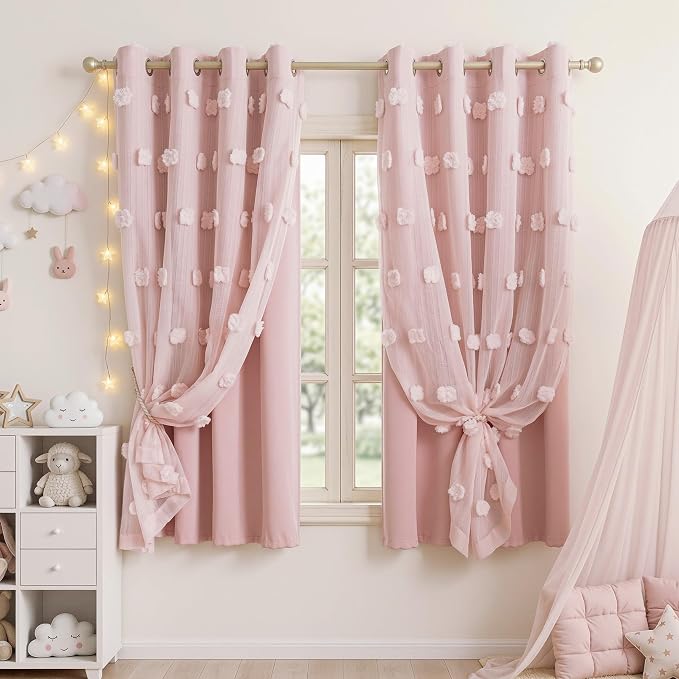 MYSKY HOME Pink Curtains for Girls Bedroom 54 Inches Long Kids Curtain with Pink Pom Pom Sheer Short Curtains for Windows 2 Layered Drapes Grommet Room Darkening Nursey Curtain, 2 Panels, W52 X L54