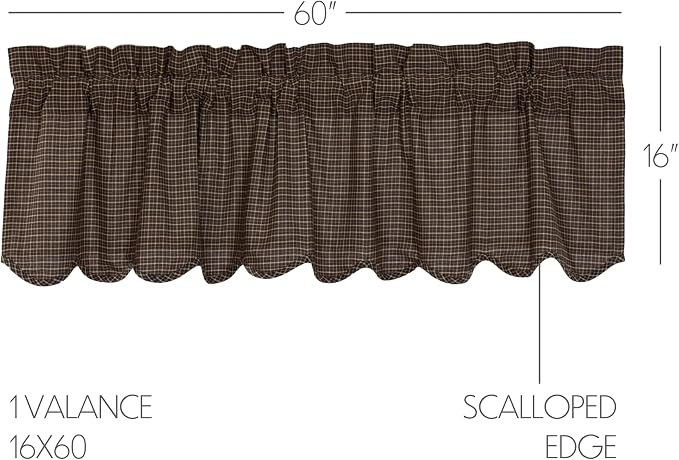 VHC Brands Kettle Grove Window Curtain, Plaid Valance Scalloped, Black, 16x60
