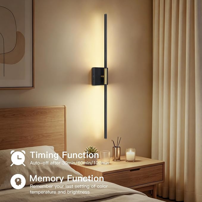 Battery Operated Wall Sconces Set of Two 360° Rotate Wireless Rechargeable Light Dimmable with Remote - Black Gold Modern Sconces Cordless Magnetic Wall Decor for Home Bedroom Timer 31.5 in