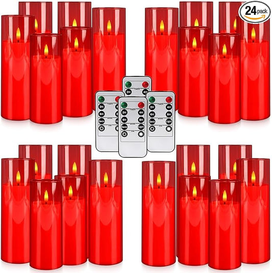 24-Pack Red Flameless LED Candles - Remote Control & Timer, Realistic Flickering for Chinese New Year Decor, Valentine's Day, Romantic Home Ambiance, Fireplace Mantel & Festive Centerpieces