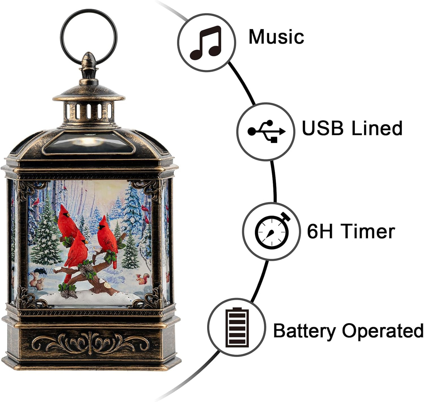Christmas Snow Globe Water Glittering Cardinal with Music, USB Lined/Battery Operated Lighted Lantern for Christmas Festival Decoration Gifts