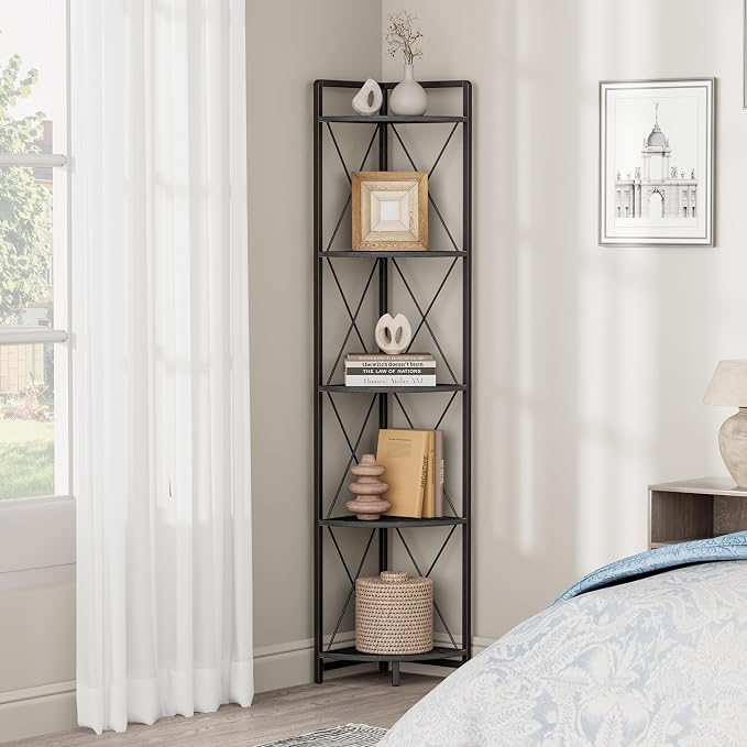 5 Tier Corner Shelf Stand, 64" H Tall Industrial Corner Bookshelf for Living Room Decor, Metal Corner Shelf, Plant Stand Display Shelf for Bedroom, Bathroom, Small Space, Black