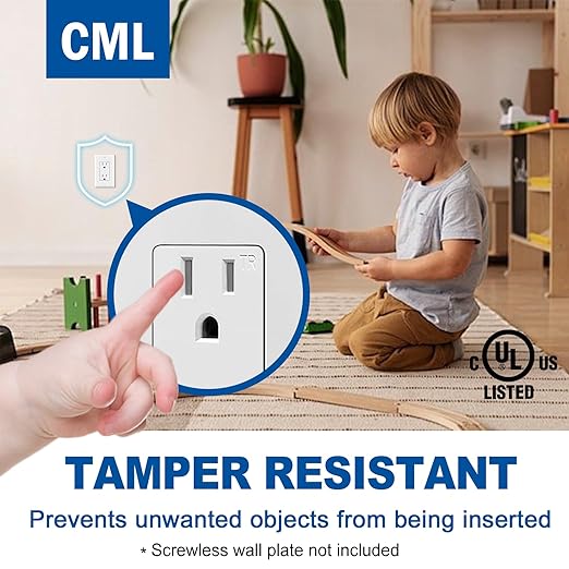 (100 Pack) CML 15 Amp Decor Wall Receptacle Outlet, Child-Safe Tamper Resistant (TR), 15A/125V, Standard Decorator Electrical Outlet, UL Listed, White