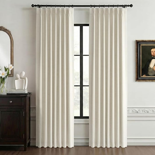 100% Blackout Shield Linen Look Textured Pinch Pleated Curtains Blackout Drapes 84 Inch Long 2 Panels Set, Faux Linen Blackout Curtains for Bedroom & Living Room, 40" W x 84" L, Beige White