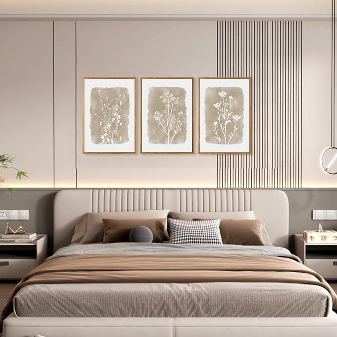 CHDITB Beige Florals Wall Art Set, Framed Boho Flower Wall Decor, Neutral Minimalist Botanical Wall Painting, Modern Vintage Wildflower Canvas Art Prints for Living Room, Bedroom, Grids Room 16"x24"x3