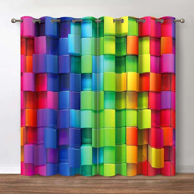 Jekeno Colorful Rainbow Blackout Curtains Colored 3D Looking Brick Block Contour Display Geometric Artisan Decor Home Bedroom Living Room Grommet Window Drapes 2 Panel Set, 42"x84"