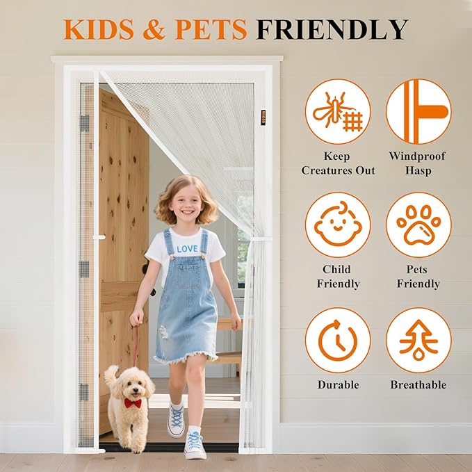 MAGZO Magnetic Screen Door, Fits 34'' x 82'' Door(Mesh Size 36'' x 83''), Left Right Side Opening, Scratch-Proof Polyester, Pet&Kids Friendly, Keep Annoying Creatures Out, with Keep Open Straps, White