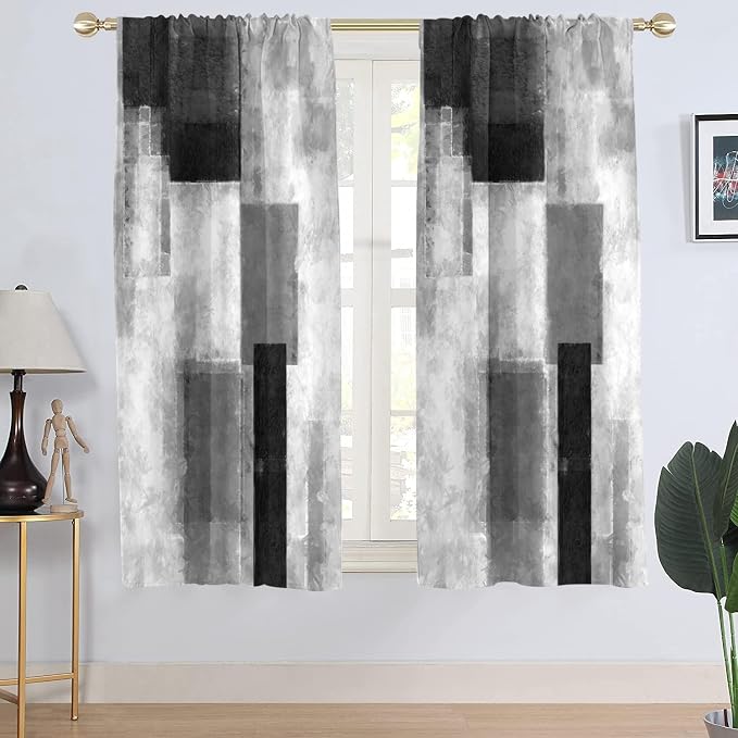 AAtter Black and White Window Curtain Abstract Grey Gray White Dark Ombre Gothic Art Aesthetic Mens Cool Living Room Bedroom Rod Pocket Drapes Treatment Fabric 1 Pair Home Decor, 42" W x 63" L, Modern