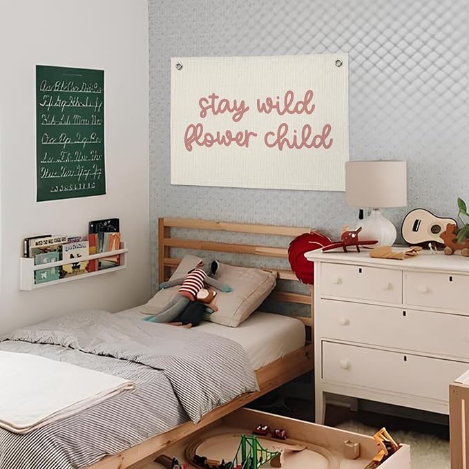 Girls Room Nursery Decor, Stay Wild Flower Child Linen Canvas Banner Wall Hanging Flag Decor for Little Toddler Baby Girls Room Playroom, Baby Shower Girl Decorations