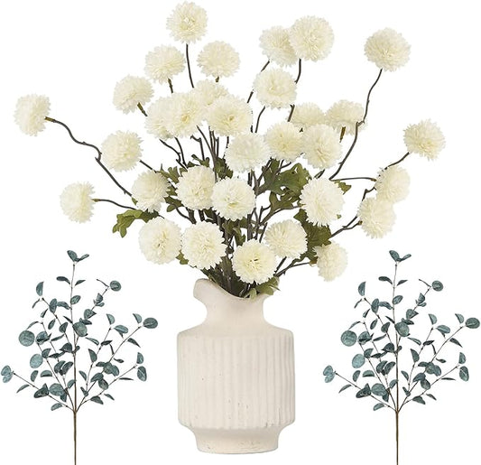 DuHouse Artificial Flowers for Vase Kiku 8 Stems & 2 Eucalyptus,Fake Flowers Stems for DIY Wedding Bouquets Centerpieces Vase Home Table Kitchen Decorations