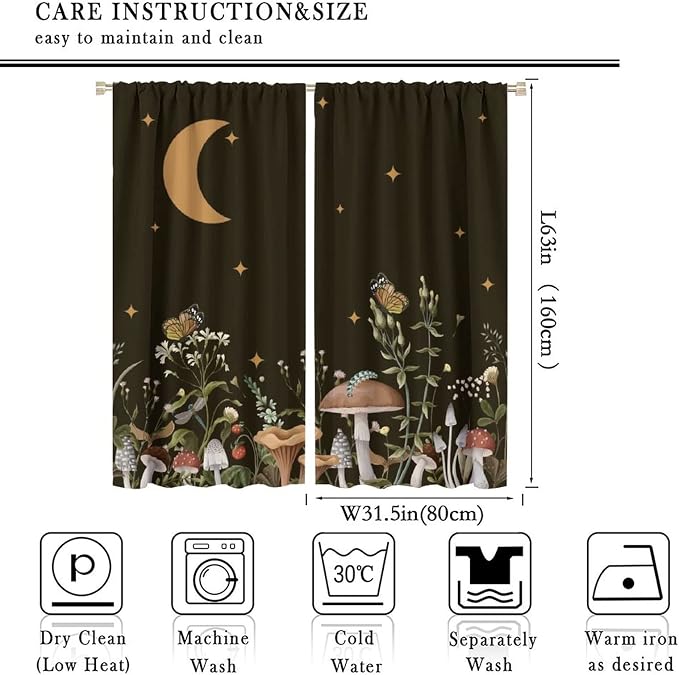 Wild Mushroom Blackout Curtains,Retro Floral Plants Boho Moon Star Window Drapes,Butterfly Botanical for Living Room Kitchen Bedroom,Black Background 63x63in