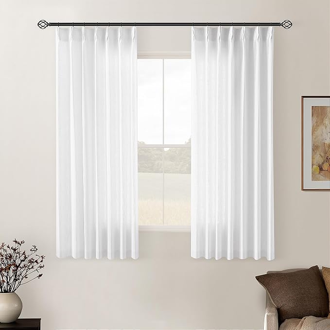 White Short Linen Curtains 45 Inch Length 2 Panel Set for Small Windows Rustic Country Linen Cotton Light Filtering Drapes Privacy Pinch Pleated Back Tab Semi Sheer Kitchen Curtains 45 Inches Long