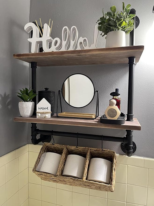 ROGMARS Industrial Pipe Shelf Floating Shelves Bathroom Pipe Shelving | Farmhouse Bathroom Shelves With Towel Bar Towel Rack over Toilet Industrial Shelf Rustic Wall Wood Shelves 19.7 Inch