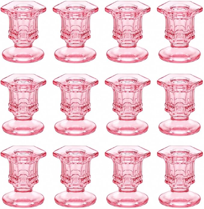 Lanttu 12 Pcs Pink Candlestick Holders Bulk Glass Candle Holders 2.9"x3.08" | Crystal Taper Candle Holder for Wedding, Table Centerpiece, Home Decoration