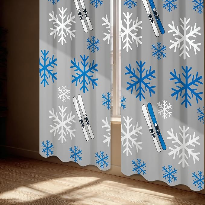 Shrahala Snowflakes Skis Blackout Window Curtains, Winter Sports Themed Pattern Thermal Insulated Curtains Grommet Long Drapes for Bedroom,Living Room (2 Panels, 52 X 63 in)